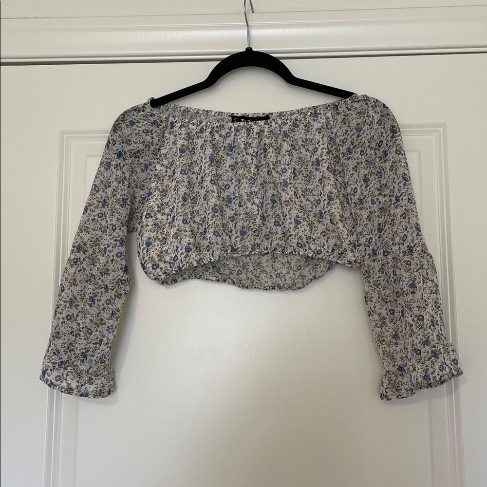 FOR LOVE AND LEMONS off shoulder purple and blue floral long sleeve crop top
